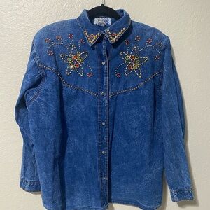 Vintage Embroidered Denim Shirt with Floral Design